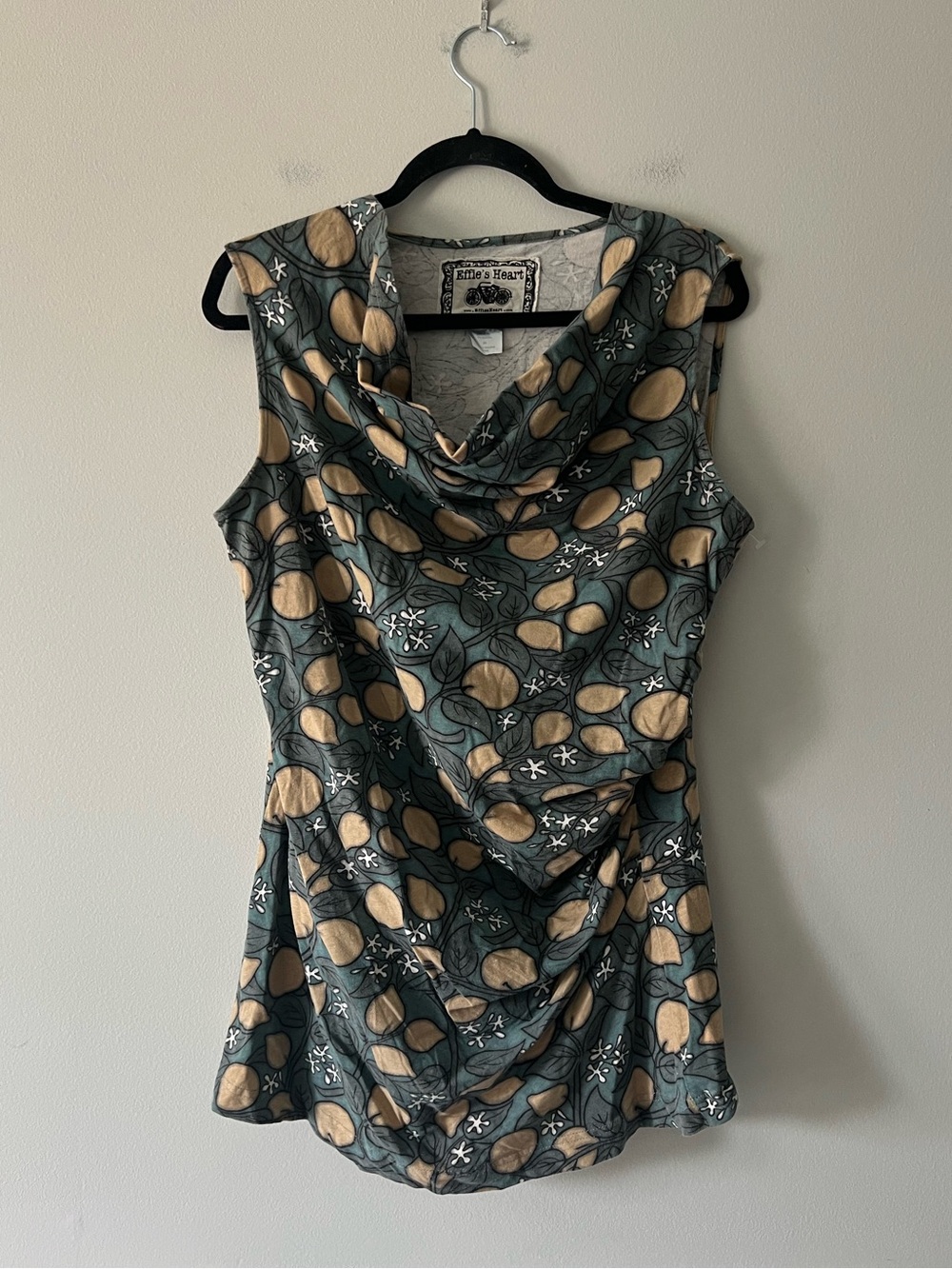 Effie’s Heart Teal Tan Floral Cowl Neck Tunic Top Size 2X Cottagecore